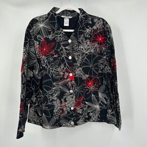 Womens Whimsical Embroidered Floral Button Jacket Top Size XL‎ Black Red